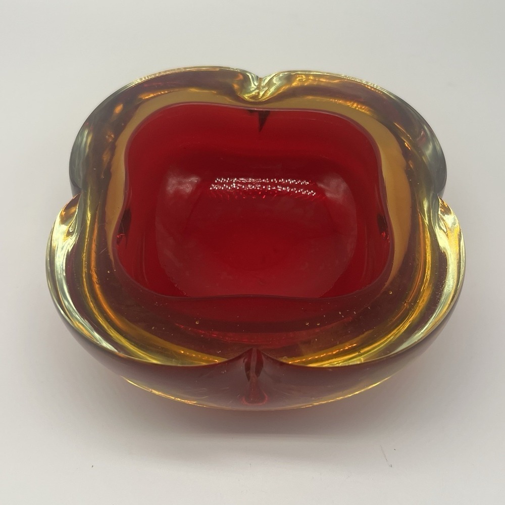 Murano Flavio Poli Seguso Summerso Bowl Red Amber Glow Italian Glass MCM Vintage